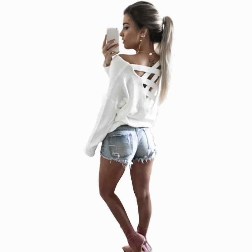 Womens T-Shirt Sexy Bandage Decoration Backless Long Sleeve Ladies Casual Party Tops 4 Colors Casual Female Shirt #LSN - Lolieshop