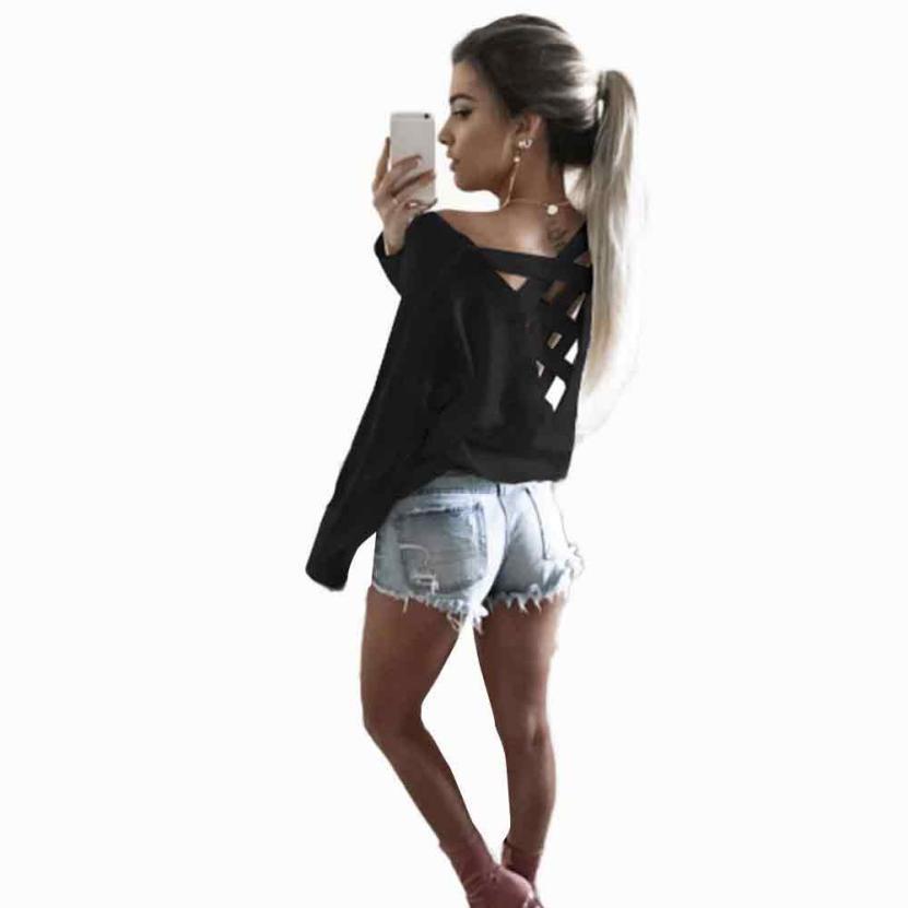 Womens T-Shirt Sexy Bandage Decoration Backless Long Sleeve Ladies Casual Party Tops 4 Colors Casual Female Shirt #LSN - Lolieshop