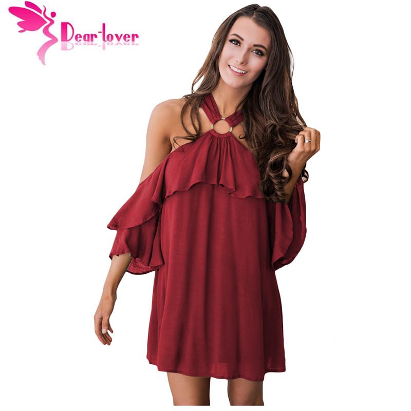 Dear-Lover Elegant Dresses 2017 Off Shoulder Summer Vestidos Burgundy Adorable Sexy O Ring Detail Boho Ruffle A-line Dress 22967 - Lolieshop