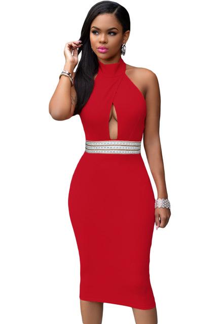 Dear-Lover New Year Clubwear 2016 Sexy Summer Red Jeweled Waist Halter Summer Bodycon Midi Party Dress Vestido de festa LC60794 - Lolieshop