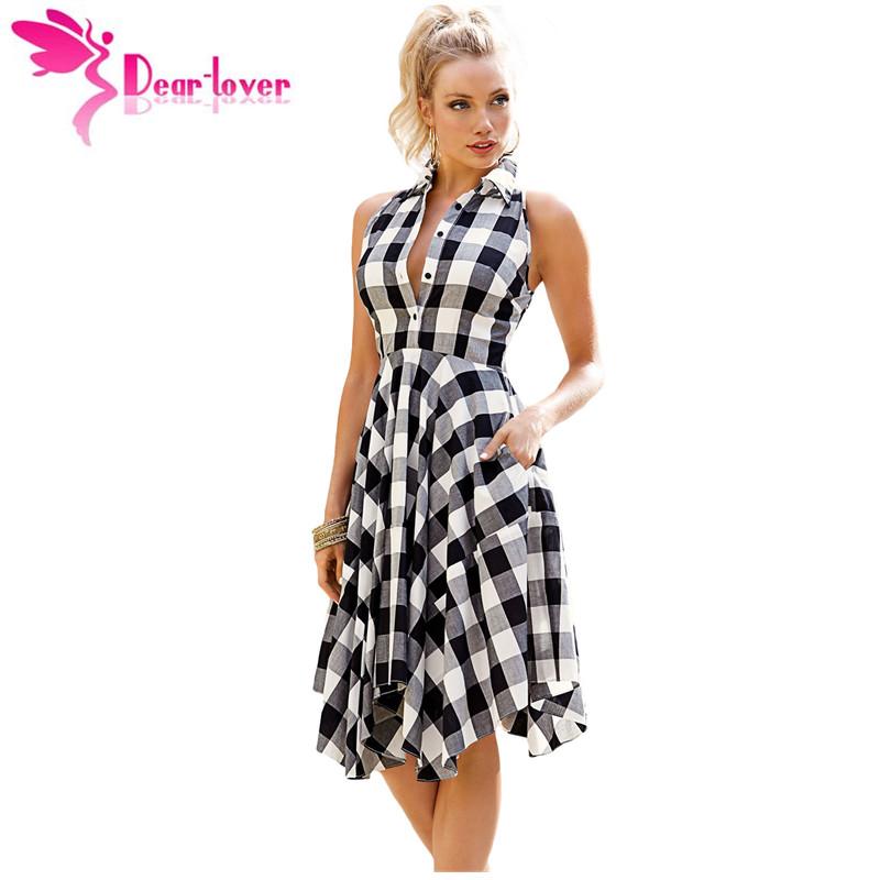 Dear-Lover plaid dresses Fashion Casual Summer Office Ladies Blue/Black White Gray Checks Flared Shirt Dress Robes Femme LC61513 - Lolieshop