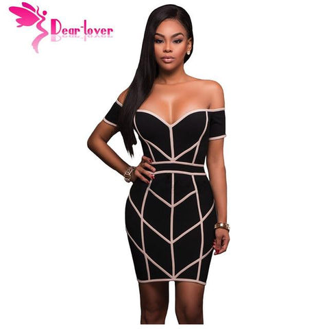 Dear-Lover Off Shoulder Dress 2017 Party Summer Clubwear Sexy Women Black Nude Trim Bodycon Mini Dress vestido de festa LC22974