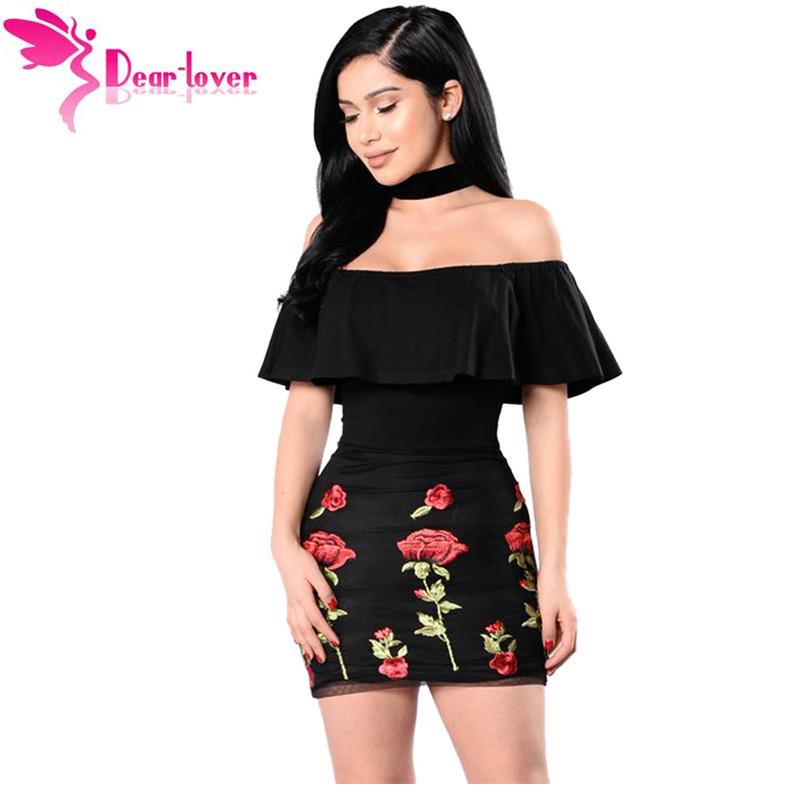 Dear-Lover Little Black Dress 2017 Hot Off Shoulder Summer Night Clubwear Sexy Ruffle Floral Embroidered Zip Mini Dress LC220005 - Lolieshop