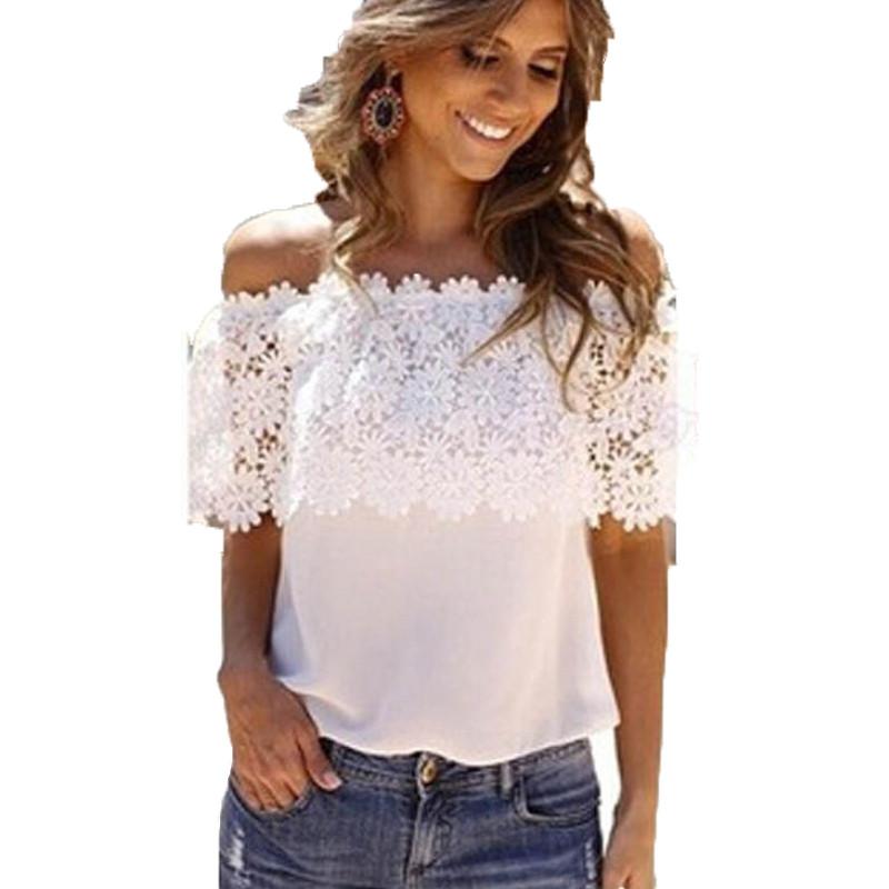 Sexy Women Off Shoulder Blouse 2017 Fashion Beachwear Casual Tops Lace White Chiffon Crochet Shirt - Lolieshop