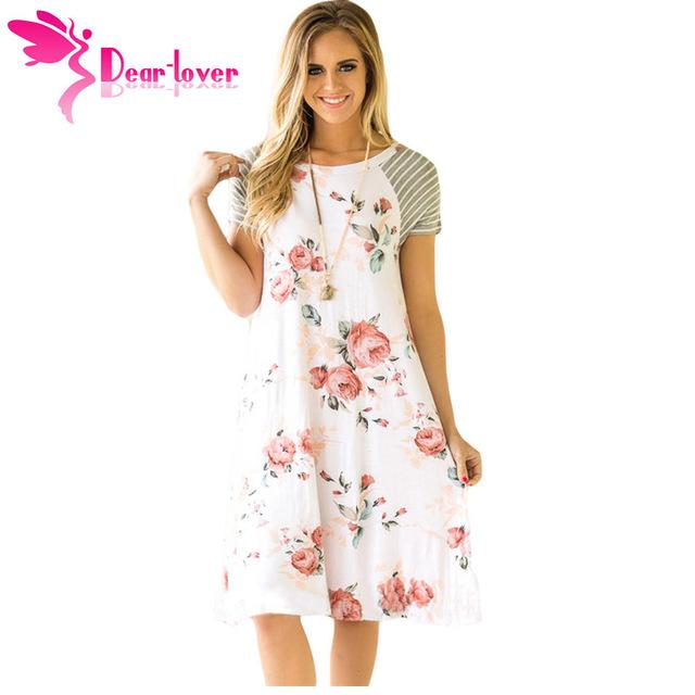 Dear-Lover T-shirt Dresses Womens Summer 2017 Tunic White Backdrop Floral Print A-line Loose Dress vestidos casual mujer LC61596 - Lolieshop