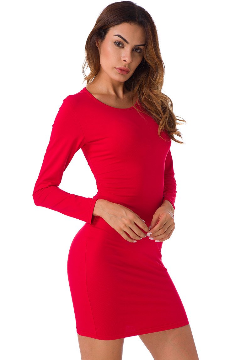 Robe Courte Moulante à Lacet - Manches Longues - Rouge