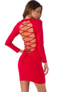 Robe Courte Moulante à Lacet - Manches Longues - Rouge