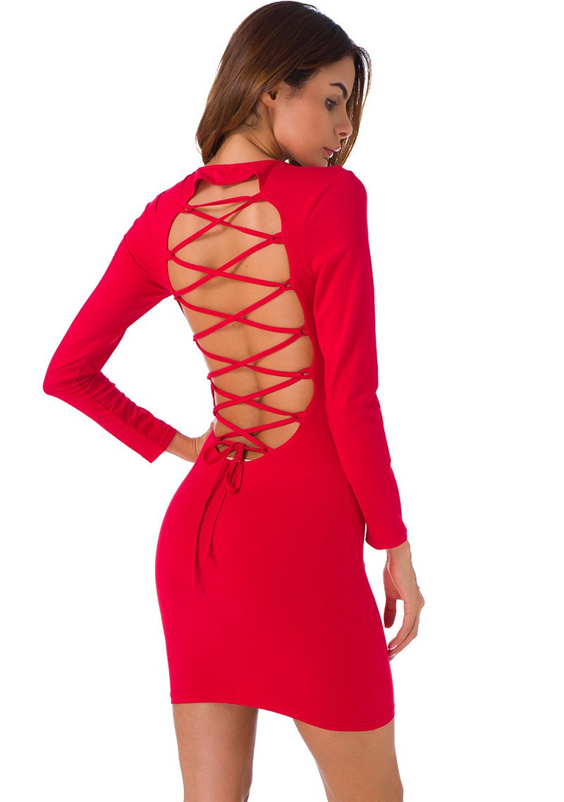 Robe Courte Moulante à Lacet - Manches Longues - Rouge